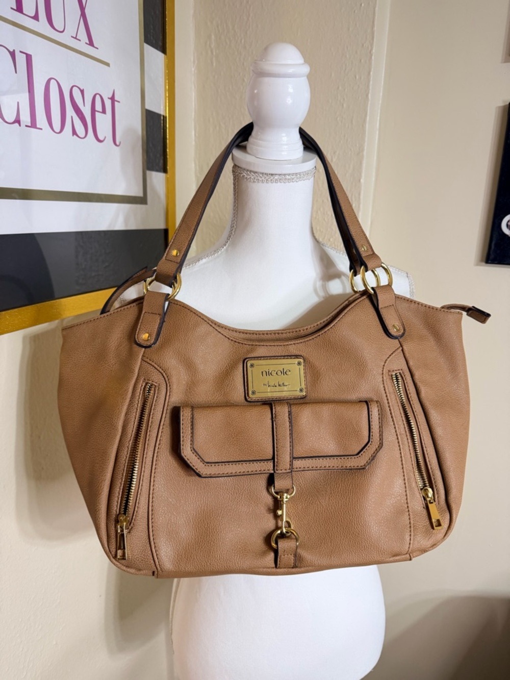 Nicole by Nicole Miller Camel/Tan Shoulder Tote with Gold Hardware